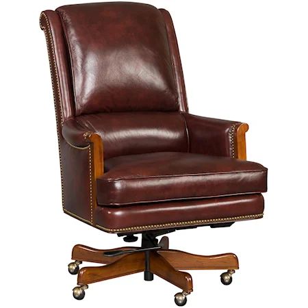 Traditional Executive Swivel Tilt Chair with Nailhead Trim and Exposed Wood